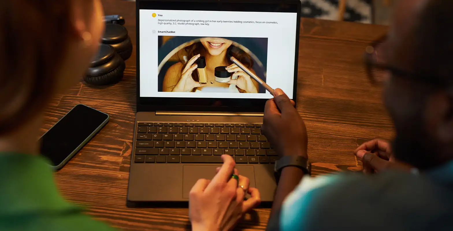 Zwei Personen besprechen am Laptop einen Website-Entwurf